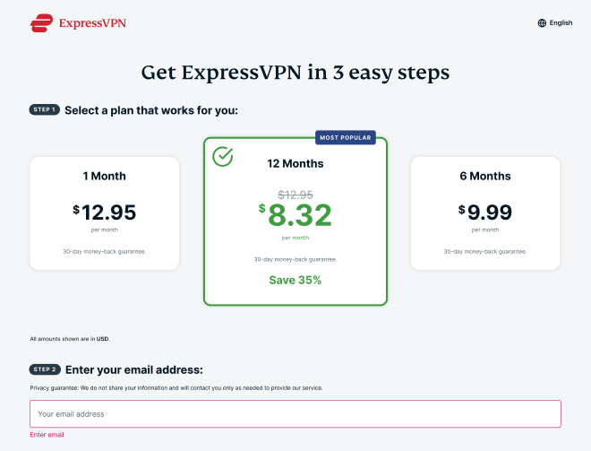 Screenshot of ExpressVPN Pricing Tiers