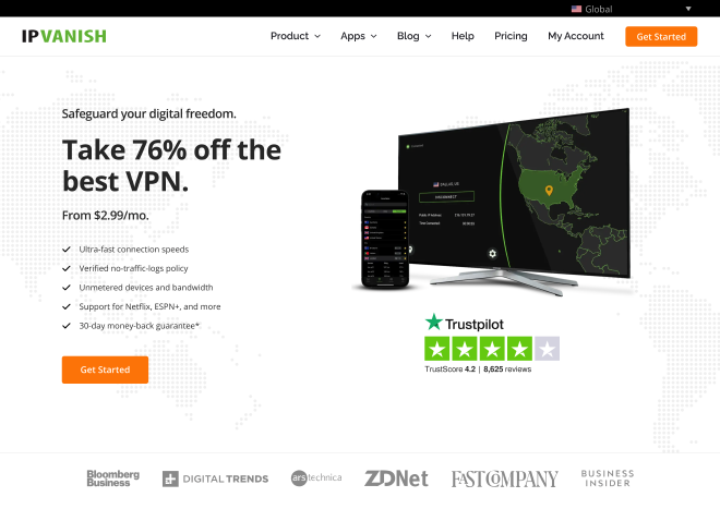 Screenshot of IPVanish website