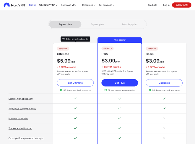 Screenshot of NordVPN Pricing Tiers