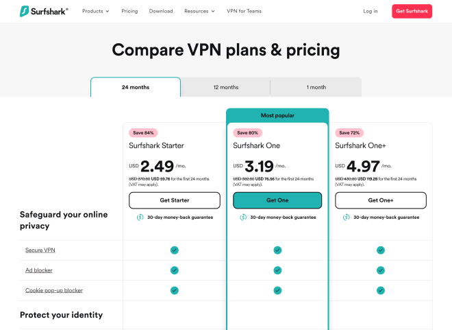 Screenshot of Surfshark Pricing Tiers